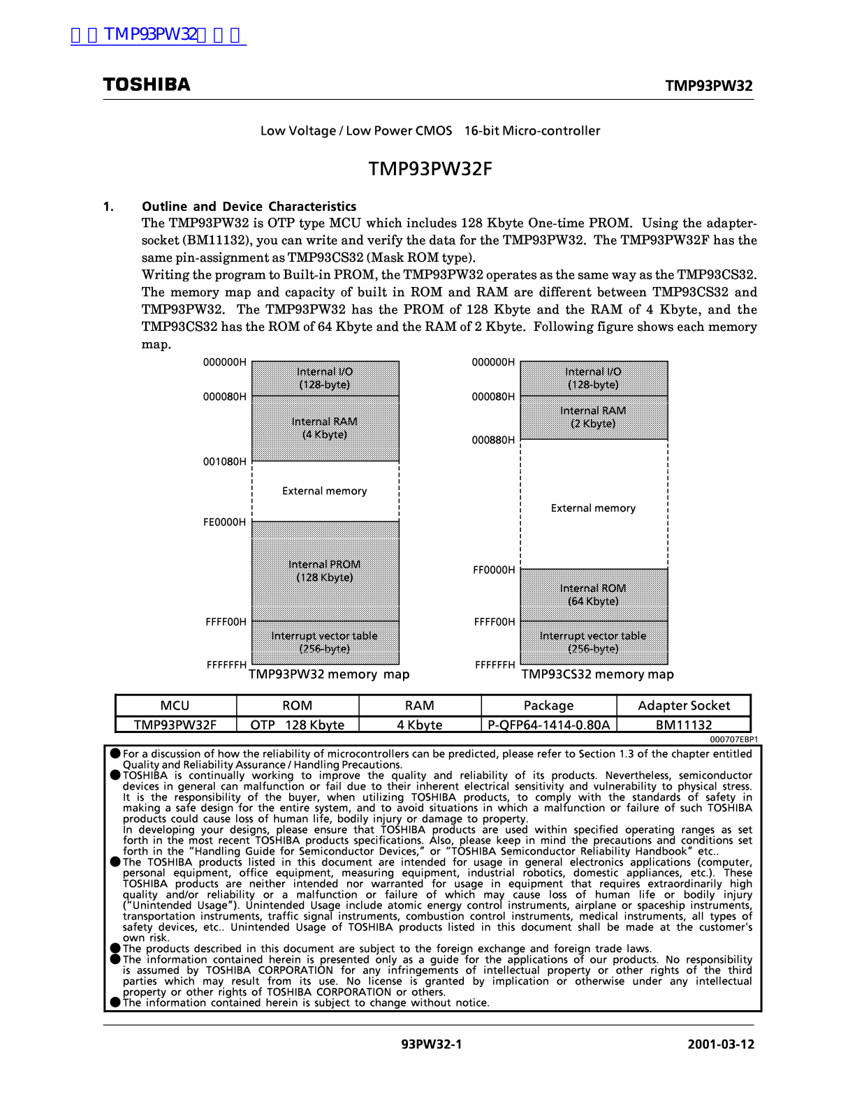 TOSHIBA TMP93PW32 Technical data