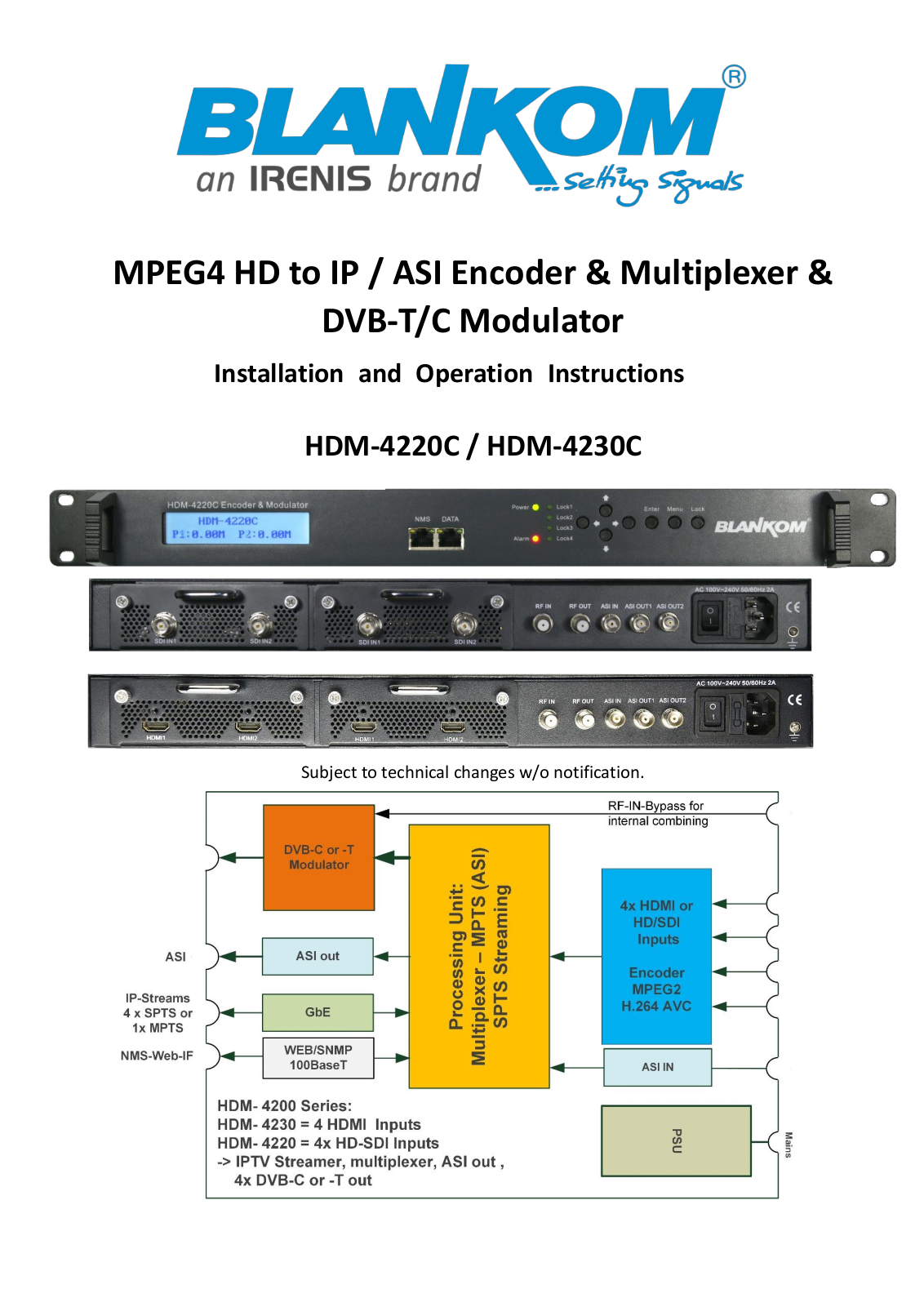 Irenis Blankom HDM-4220C, Blankom HDM-4230C Installation And Operation Instructions Manual
