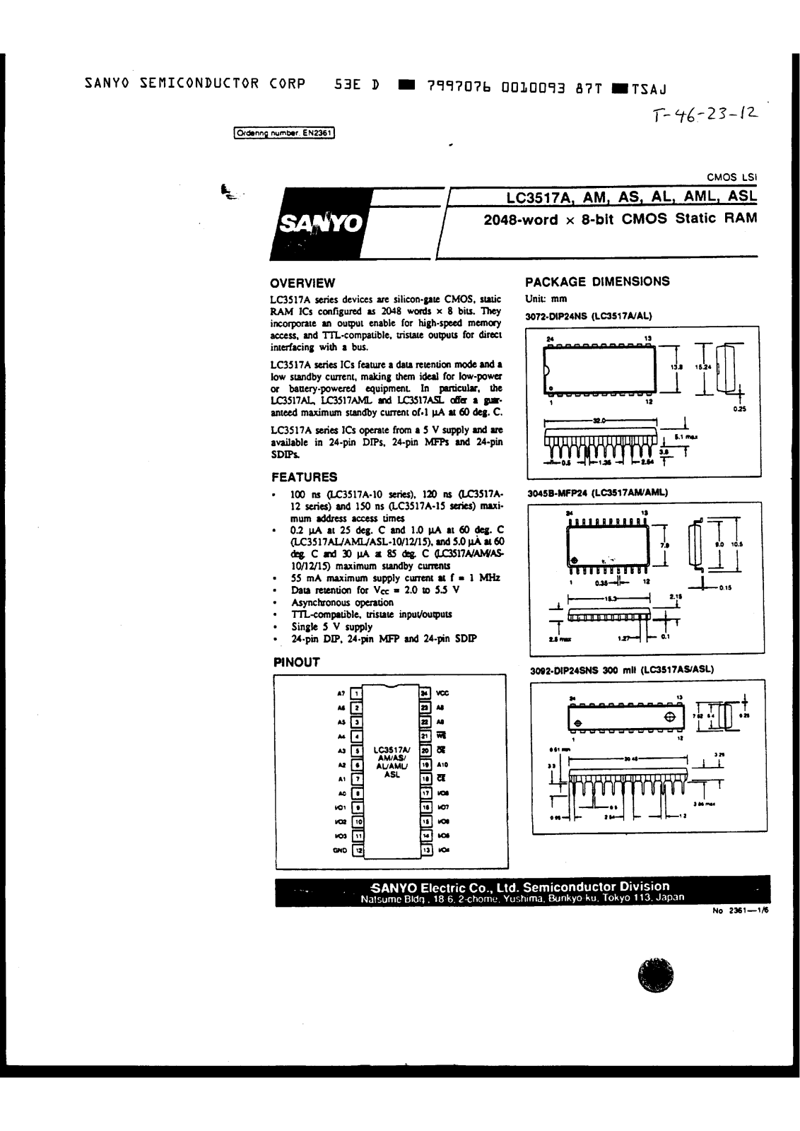 SANYO LC3517ASL-15, LC3517ASL-12, LC3517ASL-10, LC3517AS-15, LC3517AS-12 Datasheet