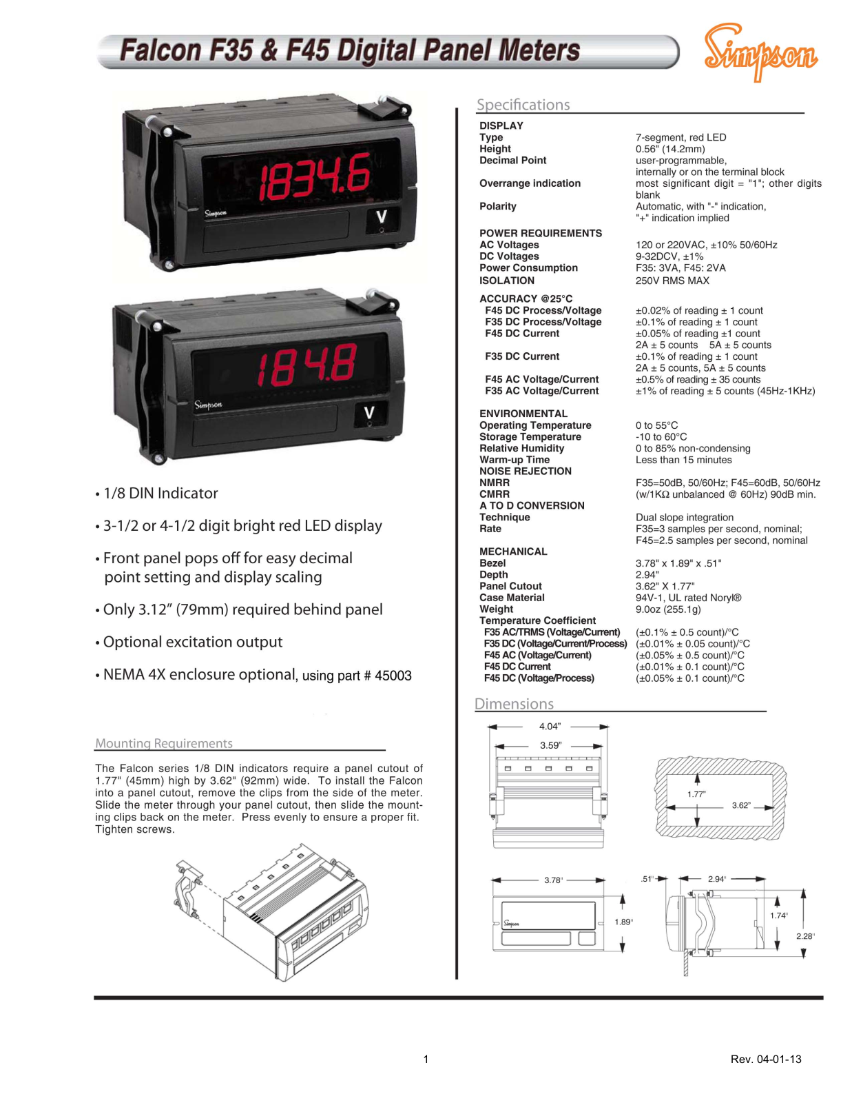 Simpson Electric F35, F45 Dimensional Sheet