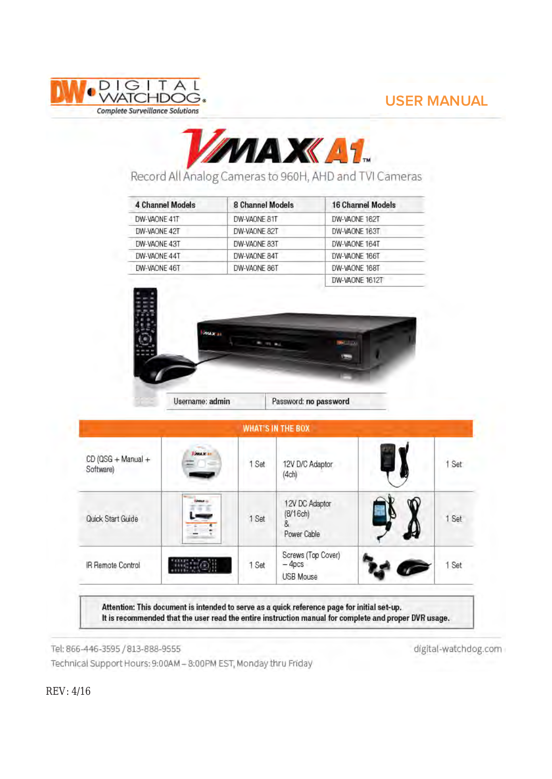 Digital Watchdog DW-VAONE168T-L, DW-VAONE166T-L, DW-VAONE164T-L, DW-VAONE163T-L, DW-VAONE162T-L User Manual