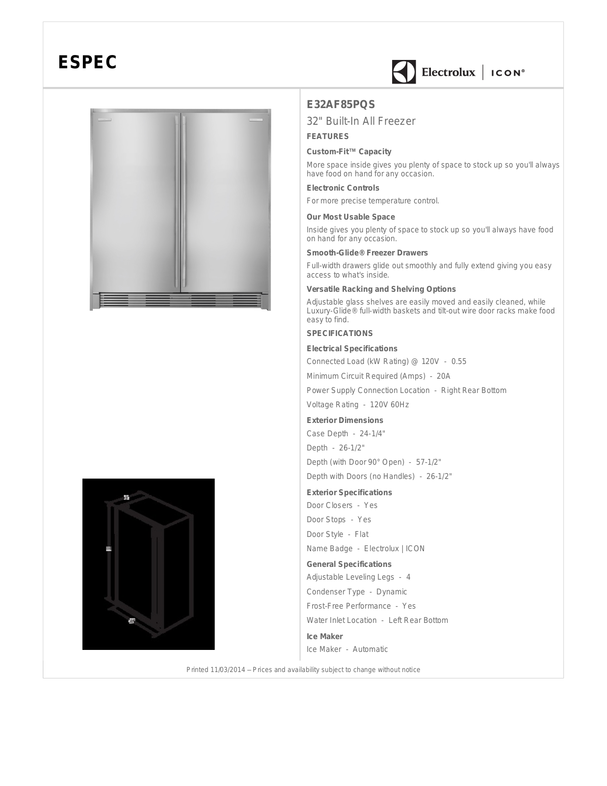 Electrolux E32AF85PQS Specification Sheet