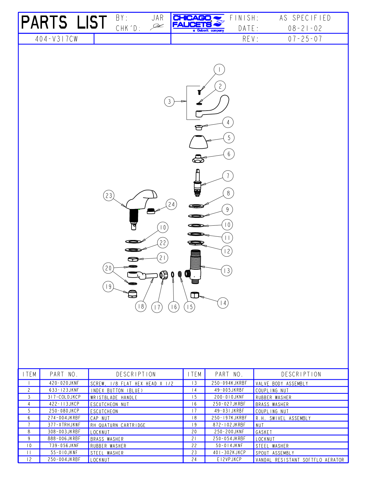 Chicago Faucet 404-V317CW Parts List