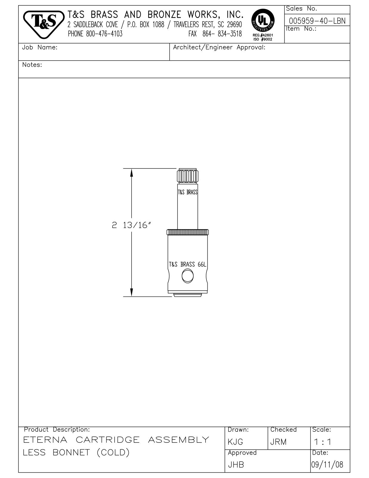 T&S Brass 005959-40-LBN User Manual