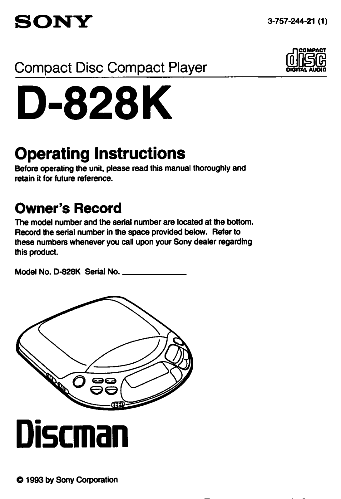 Sony D-828K Operating Instruction