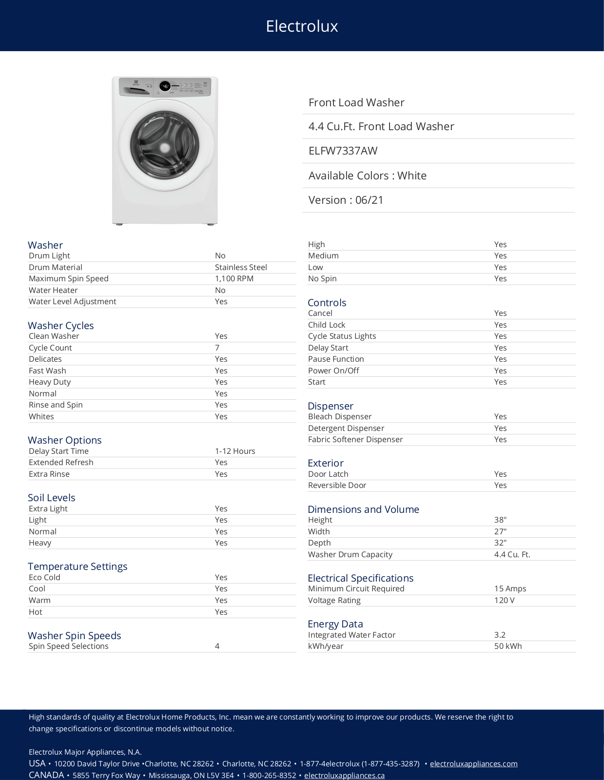 Electrolux ELFW7337AW Specification Sheet