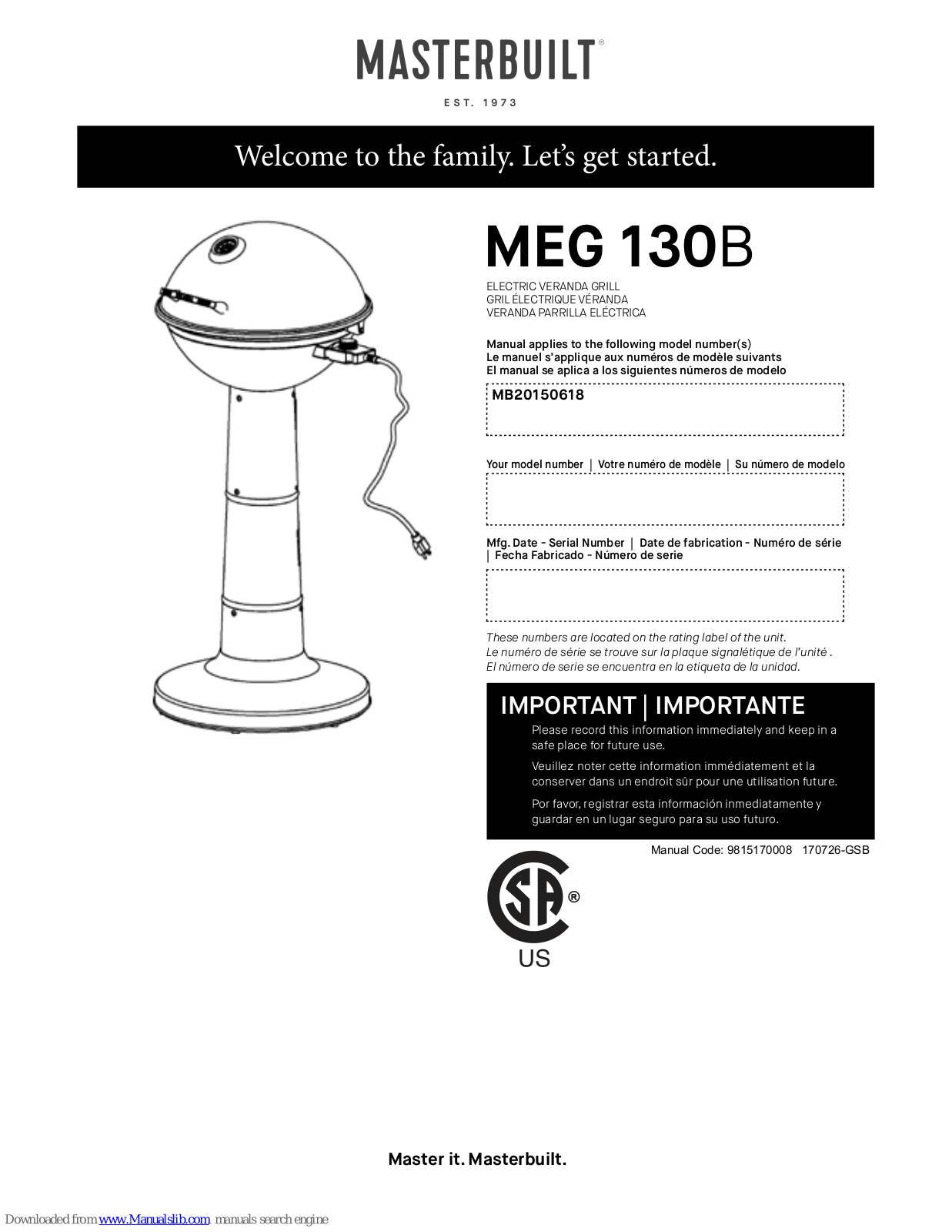 Masterbuilt MEG 130B User Manual