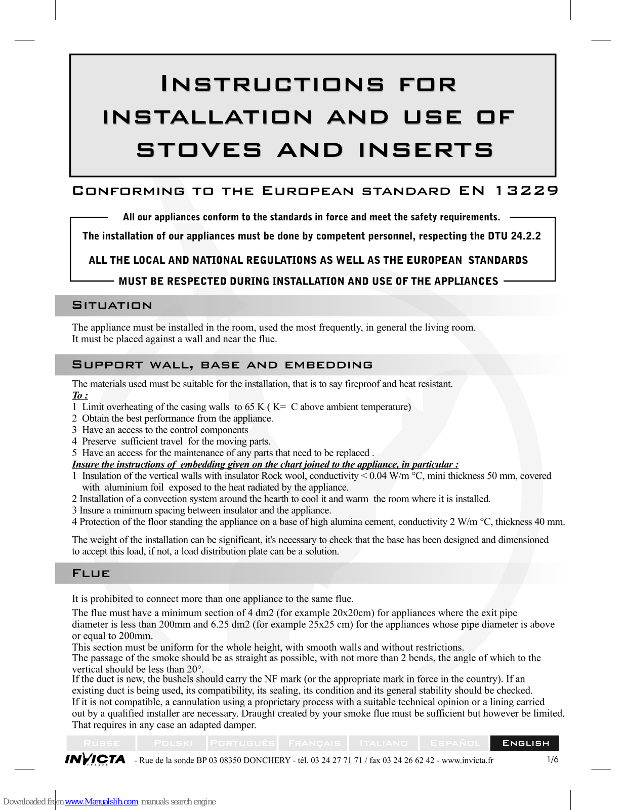 Invicta - INTRUCTIONS AND, Stoves, Inserts Instructions For Installation And Use Manual