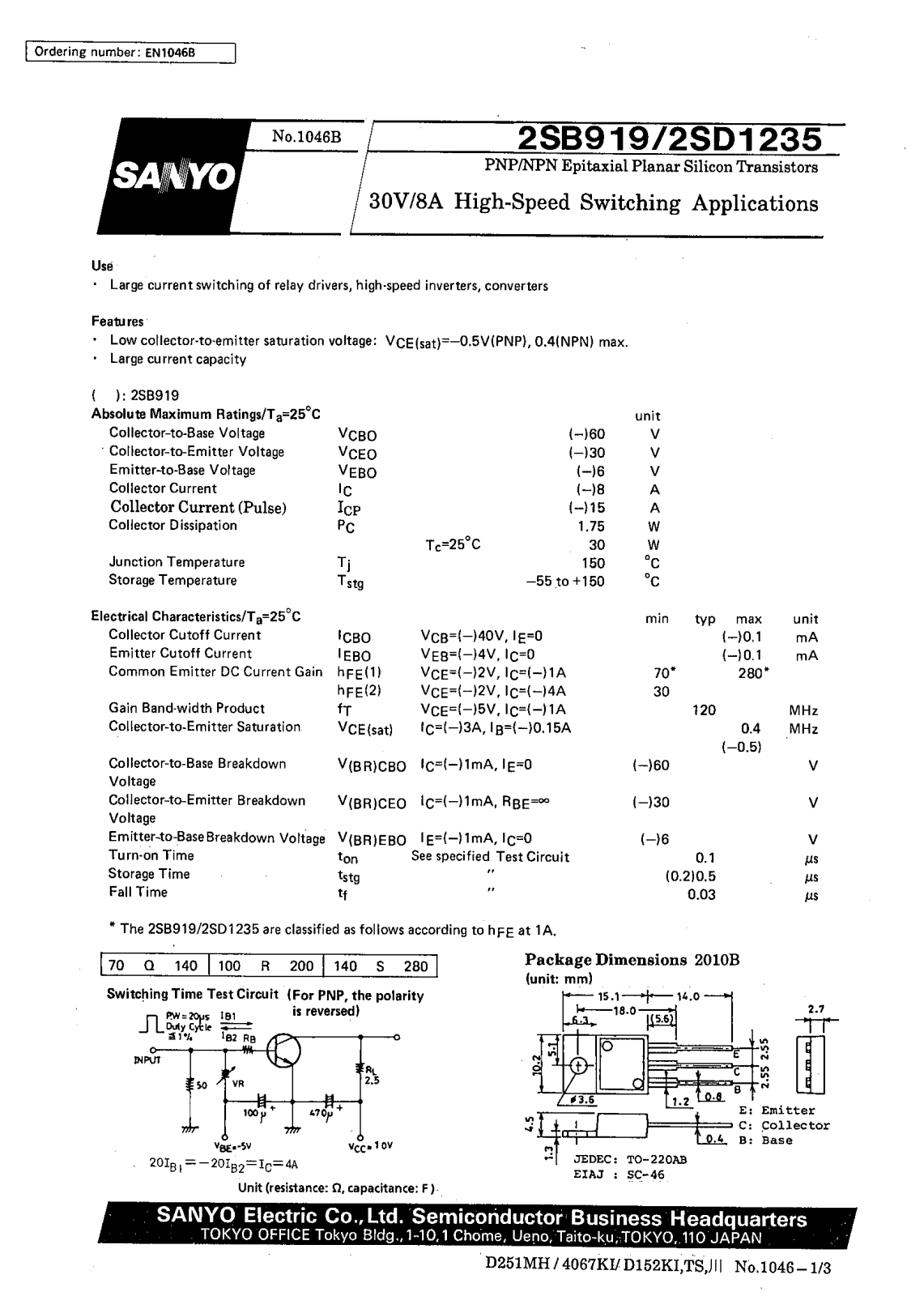 SANYO 2SD1235, 2SB919 Datasheet