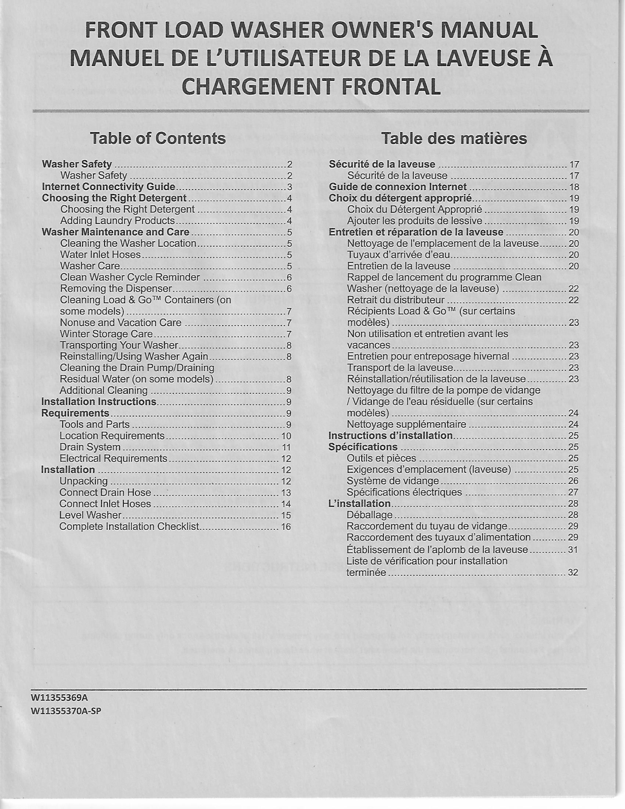 Whirlpool W11355369A, W11355370A-SP Owner's Manual