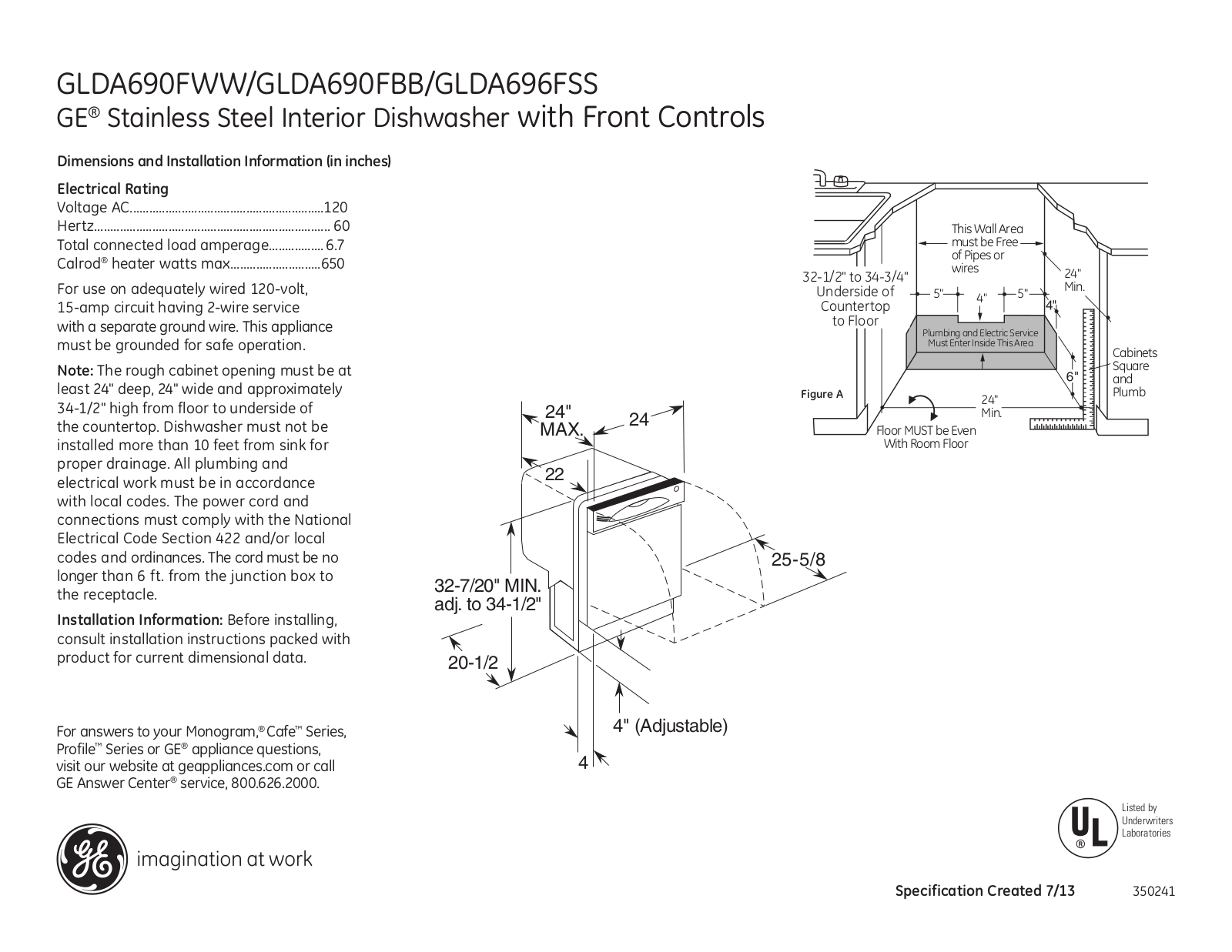 GE GLDA690FBB, GLDA696FSS, GLDA690FWW Specification Sheet