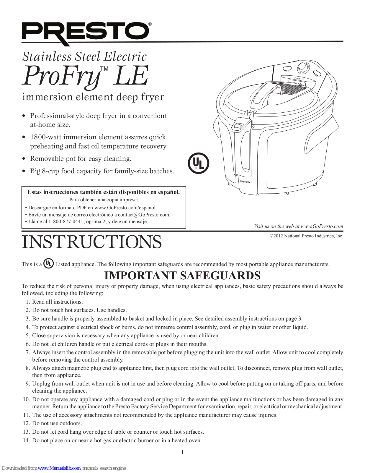 Presto ProFry LE Instructions Manual