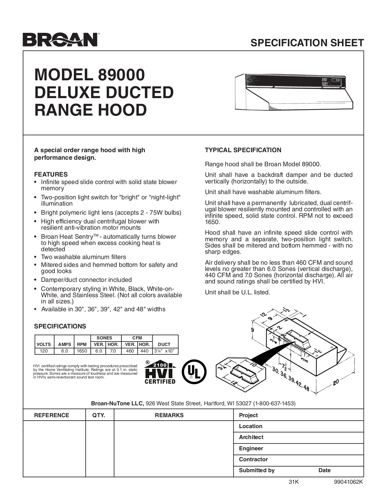 Broan 893601 Specsheet