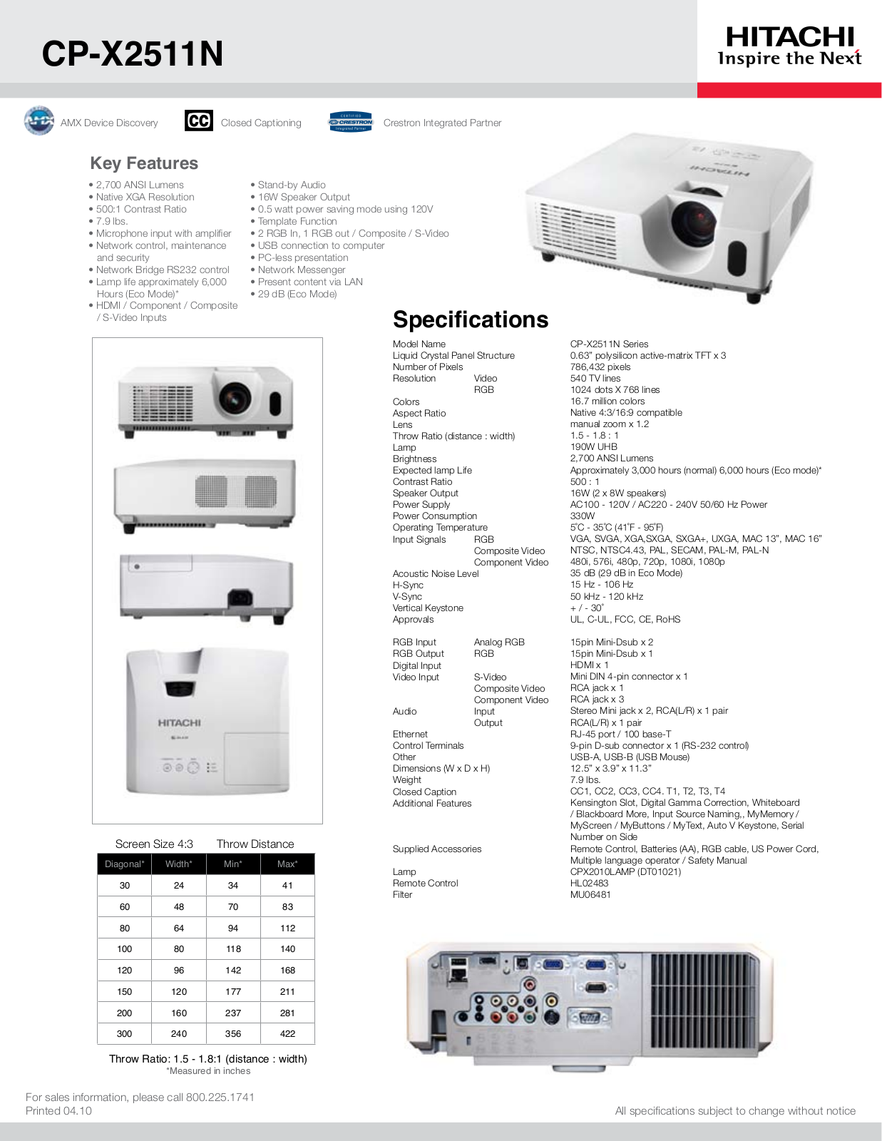 Hitachi CP-X2511N Product Sheet