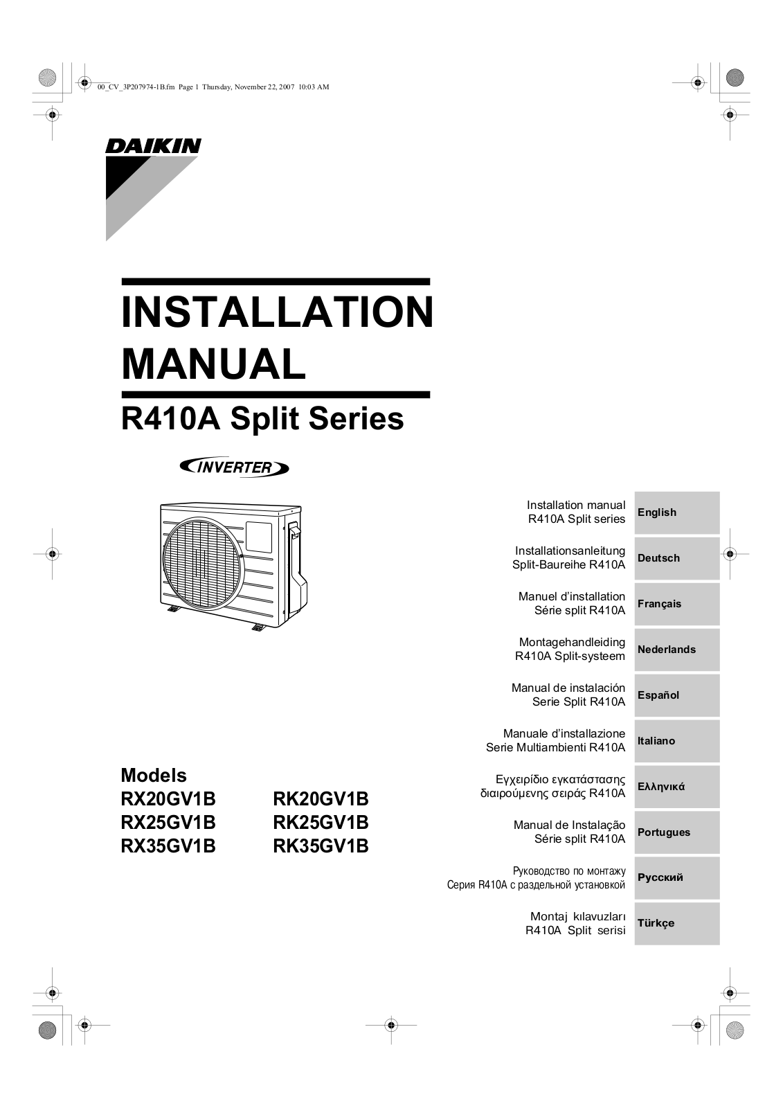 Daikin RK20GV1B, RX25GV1B, RK25GV1B, RX35GV1B, RK35GV1B Installation manuals