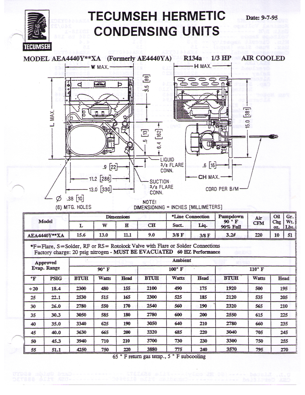 Tecumseh AEA4440YXAXA Performance Data Sheet