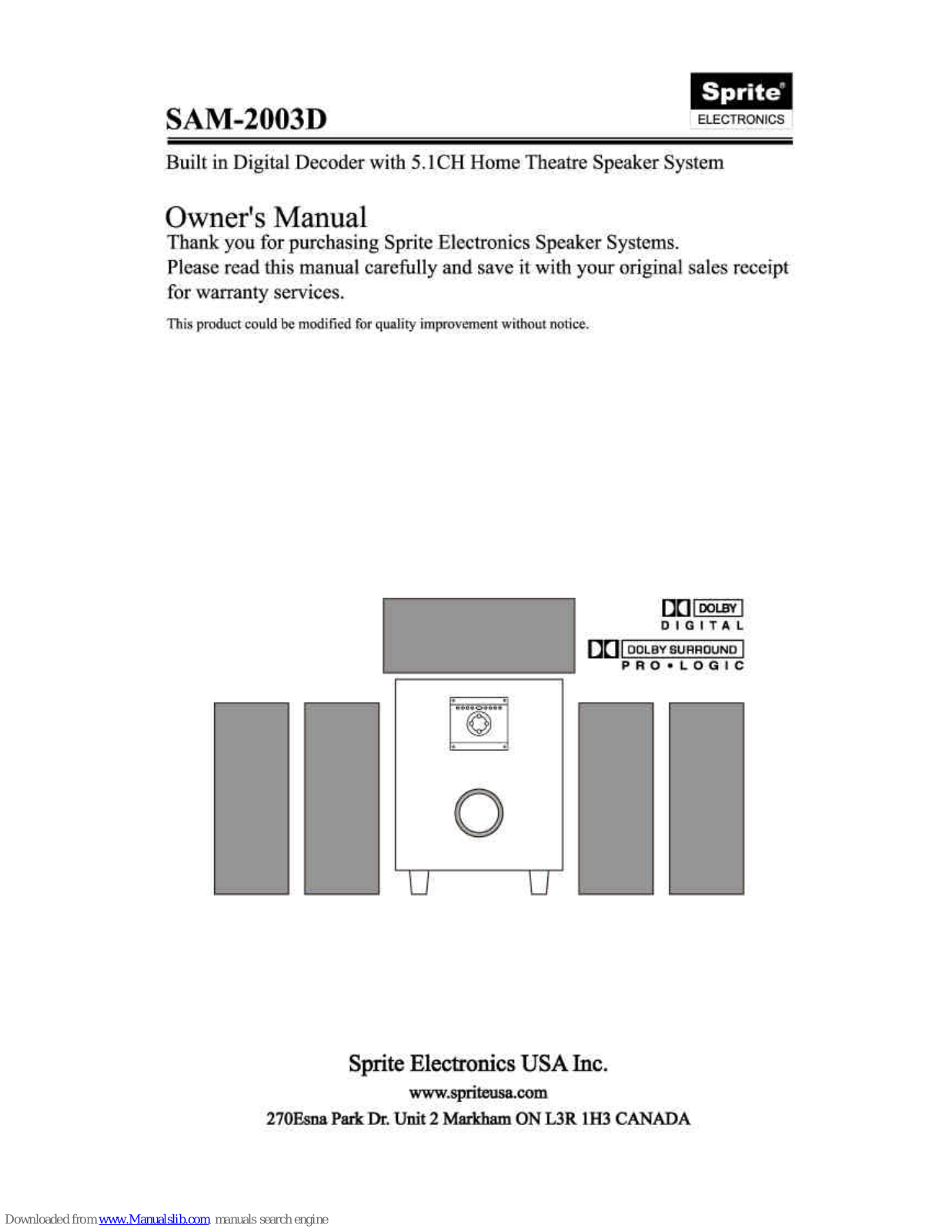 Sprite Electronics SAM-2003D Owner's Manual