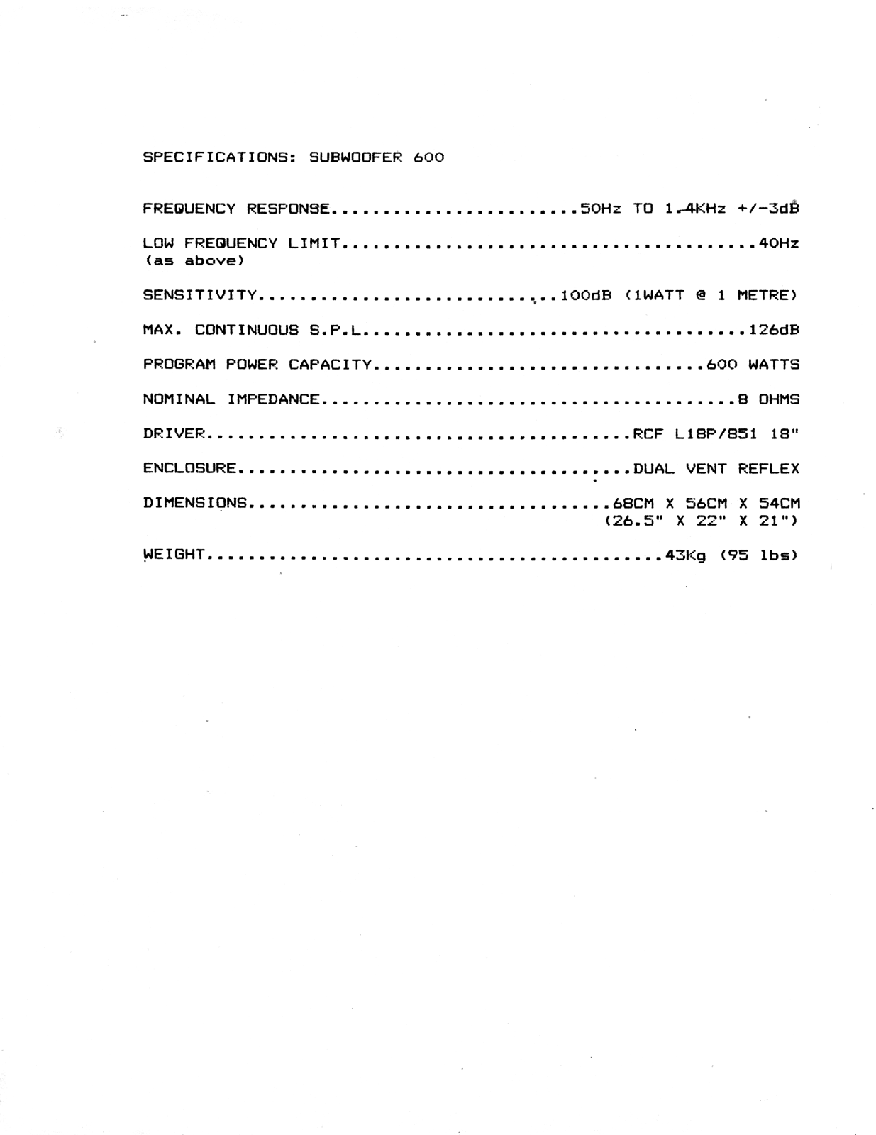 Yorkville Subwoofer 600 Service Manual