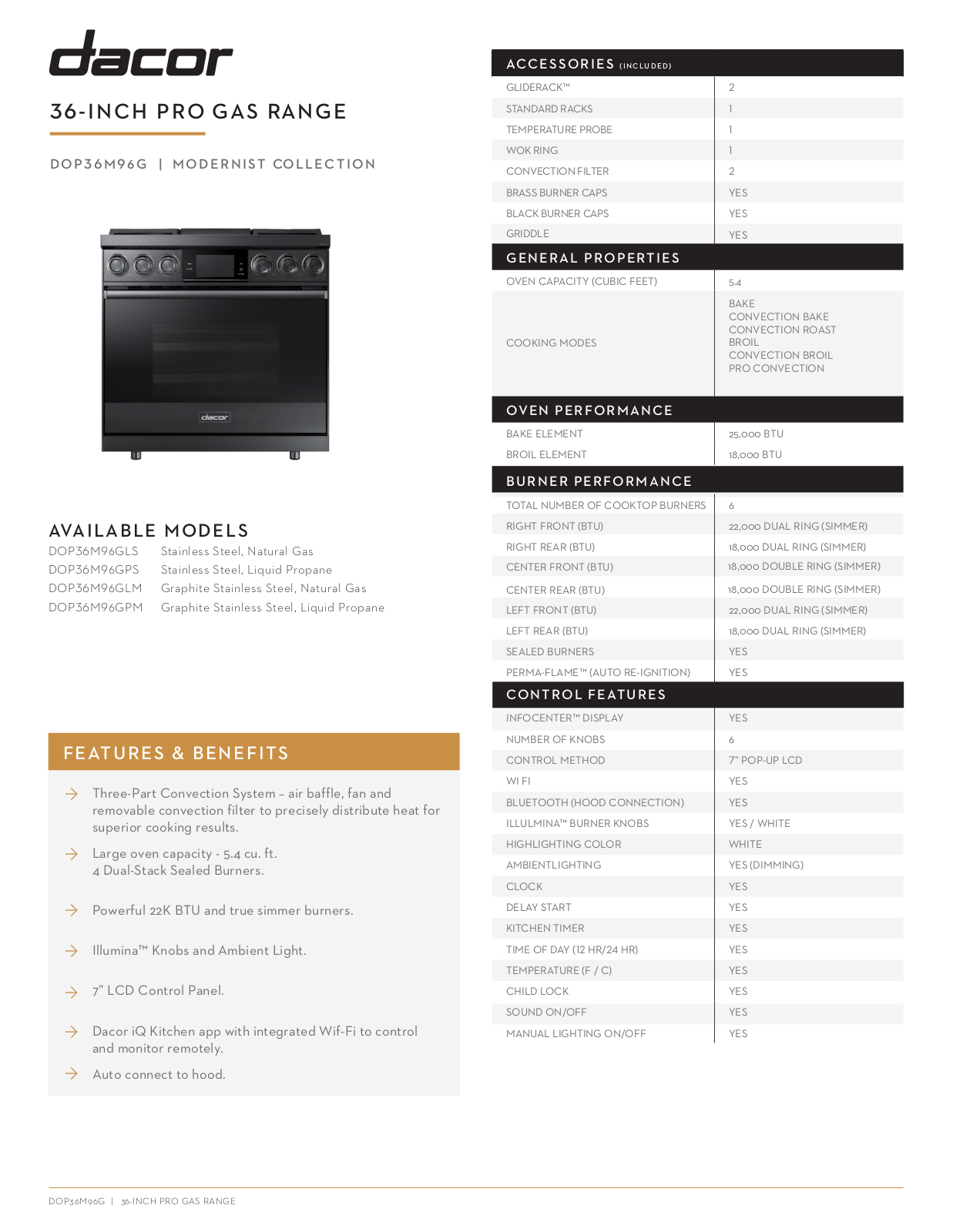 Dacor DARERADWRH108 Specs