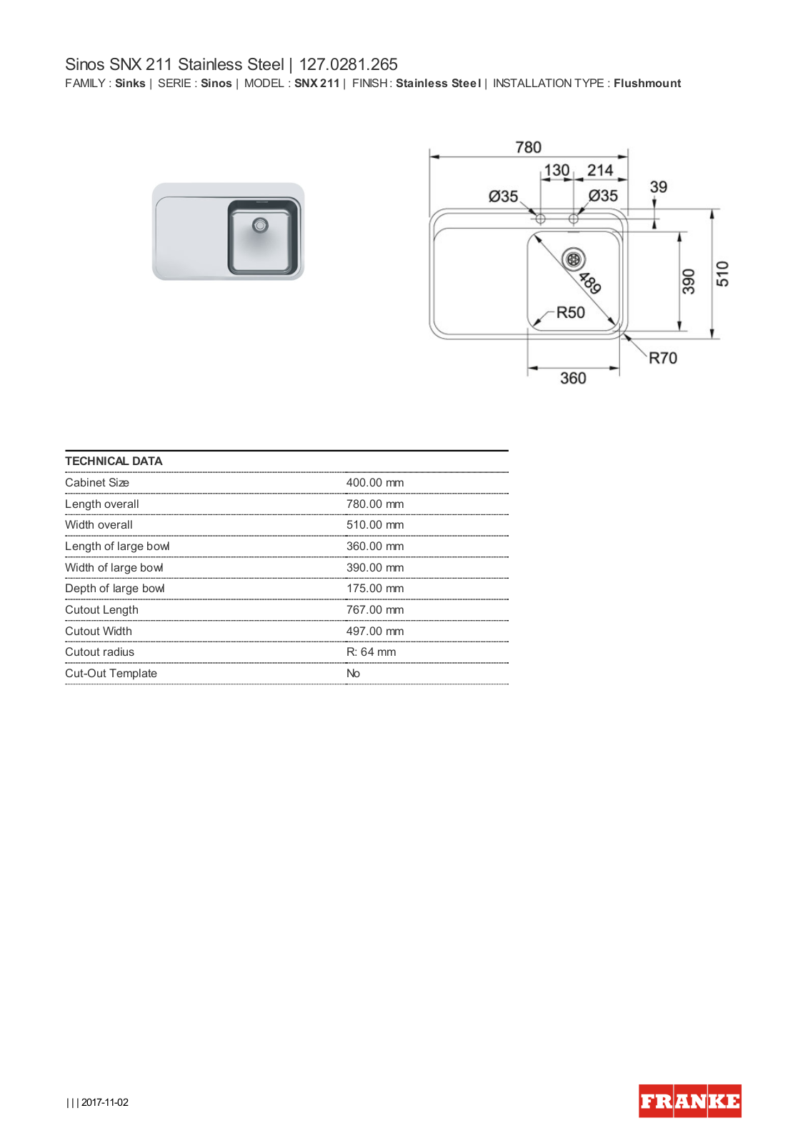 Franke SNX211RHD, SNX211LHD Specifications Sheet