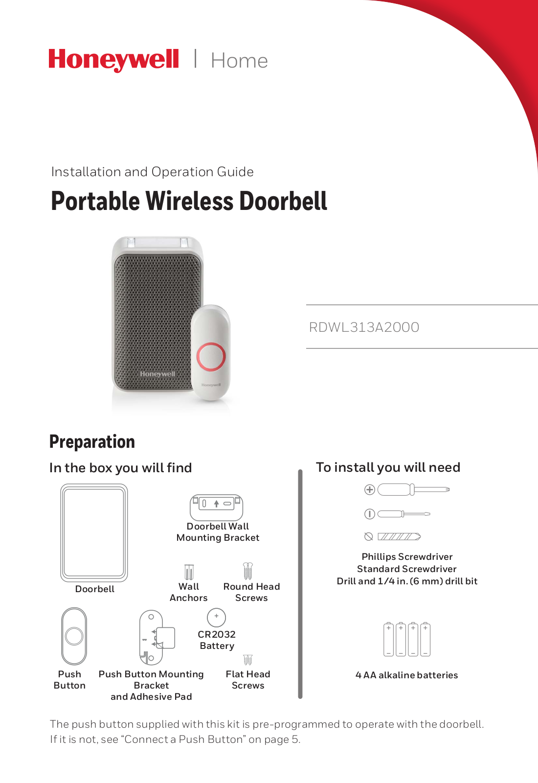 Honeywell RDWL313A2000 Installation And Operation Manual