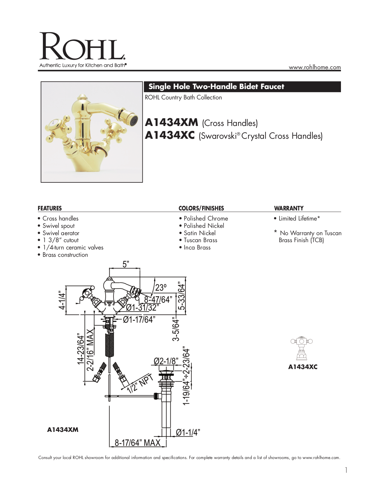 Rohl A1434XCTCB, A1434XMTCB Specifications