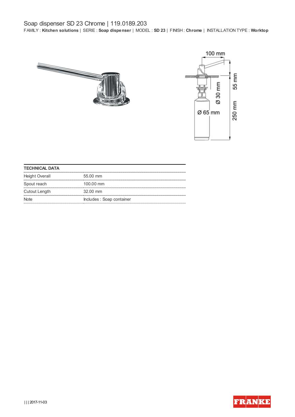 Franke SD23 Specifications Sheet