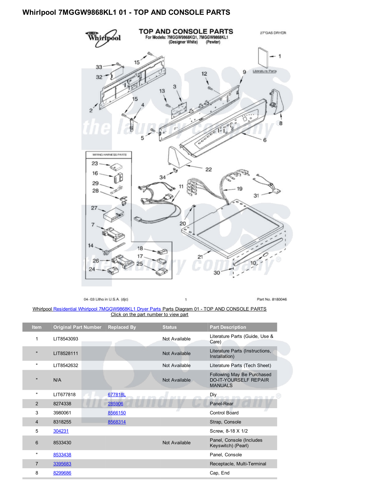 Whirlpool 7MGGW9868KL1 Parts Diagram