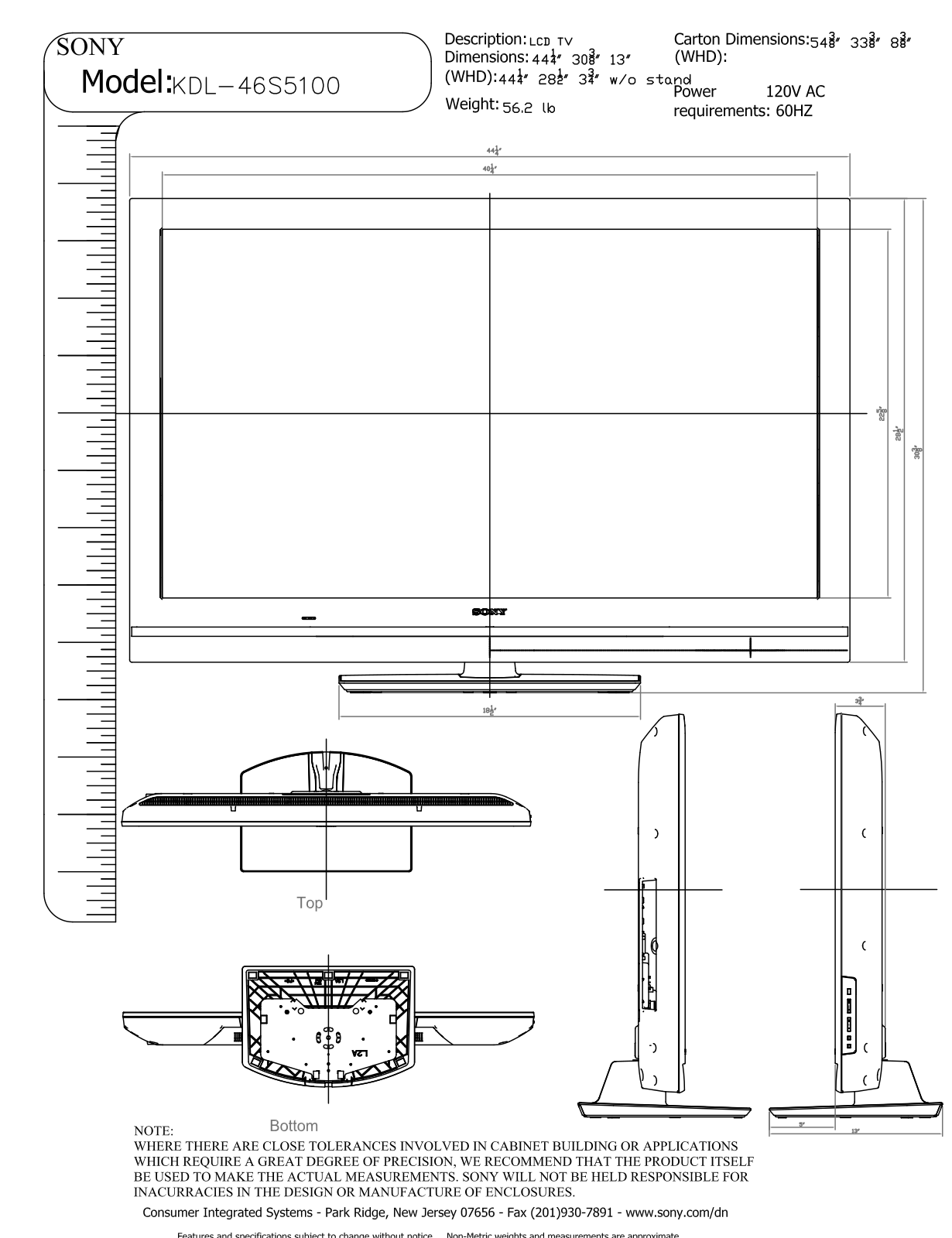 Sony KDL-46S5100 Dimensions Diagram