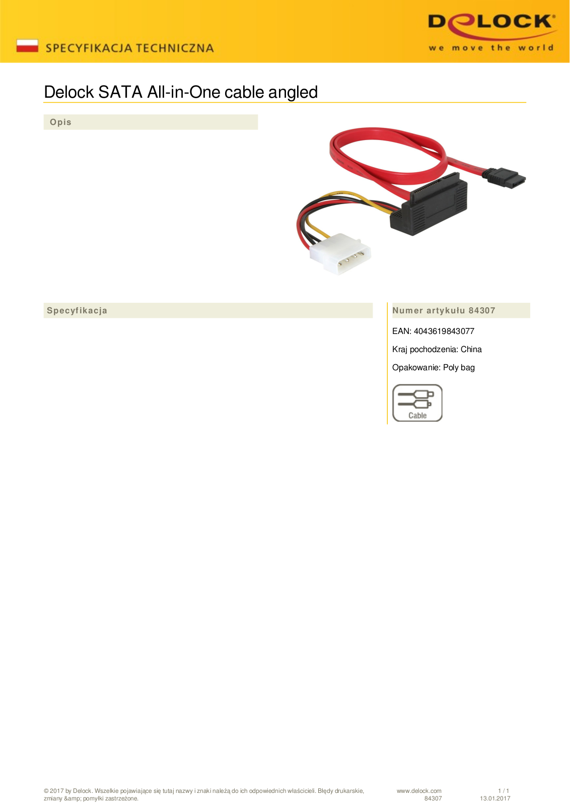 DeLOCK SATA All-in-One cable 0.5m, angled User Manual