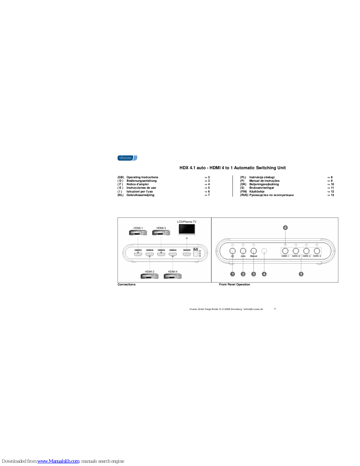 Vivanco HDX 4.1 AUTO-HDMI 4 TO 1 AUTOMATIC SWITCHING UNIT, HDMI AUTOMATIC SWITCHING UNIT 4 TO 1 Operating Instructions Manual