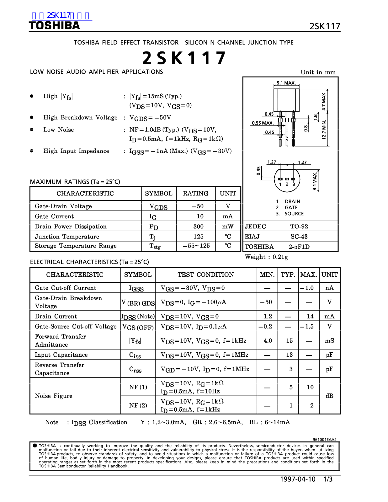 TOSHIBA 2SK117 Technical data