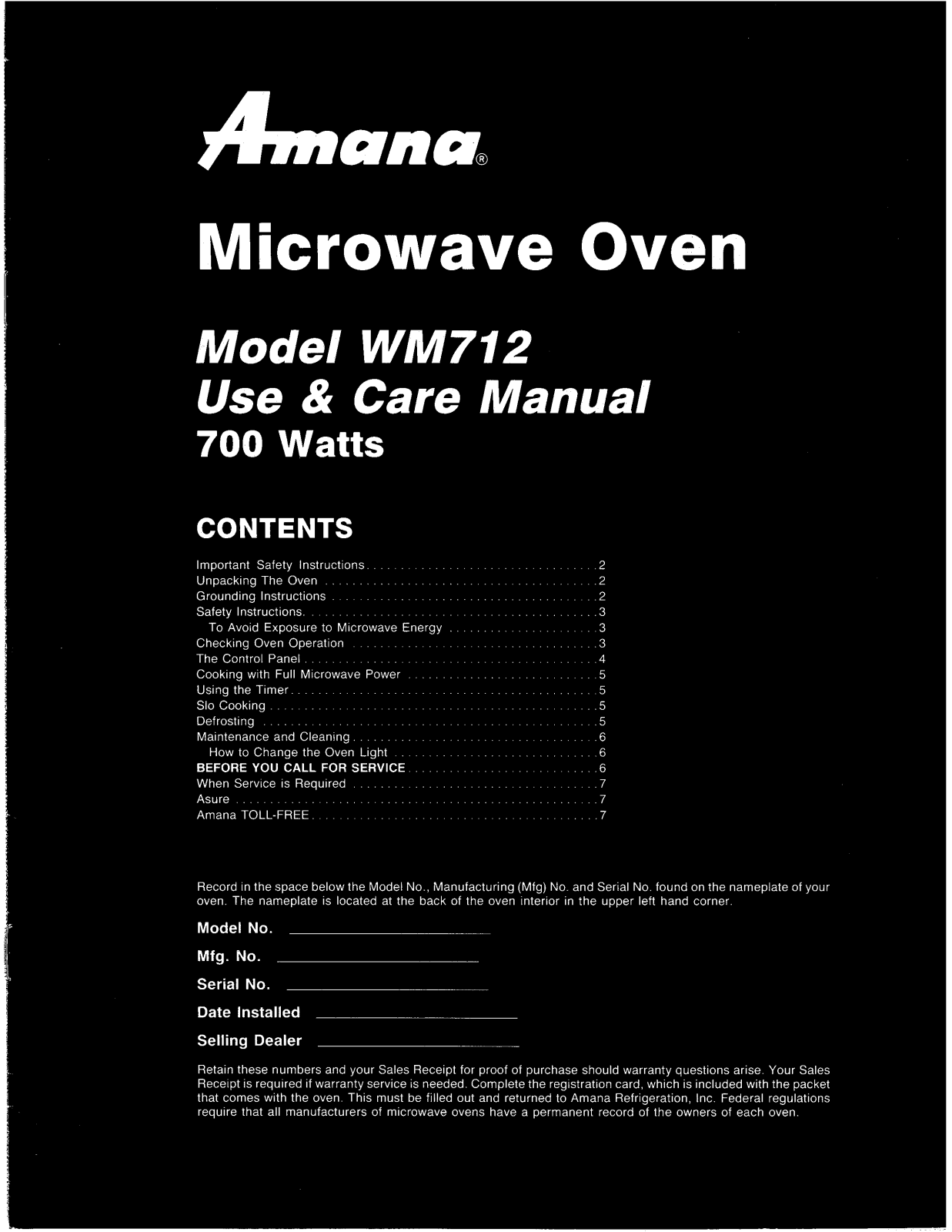 Amana WM712 Owner's Manual