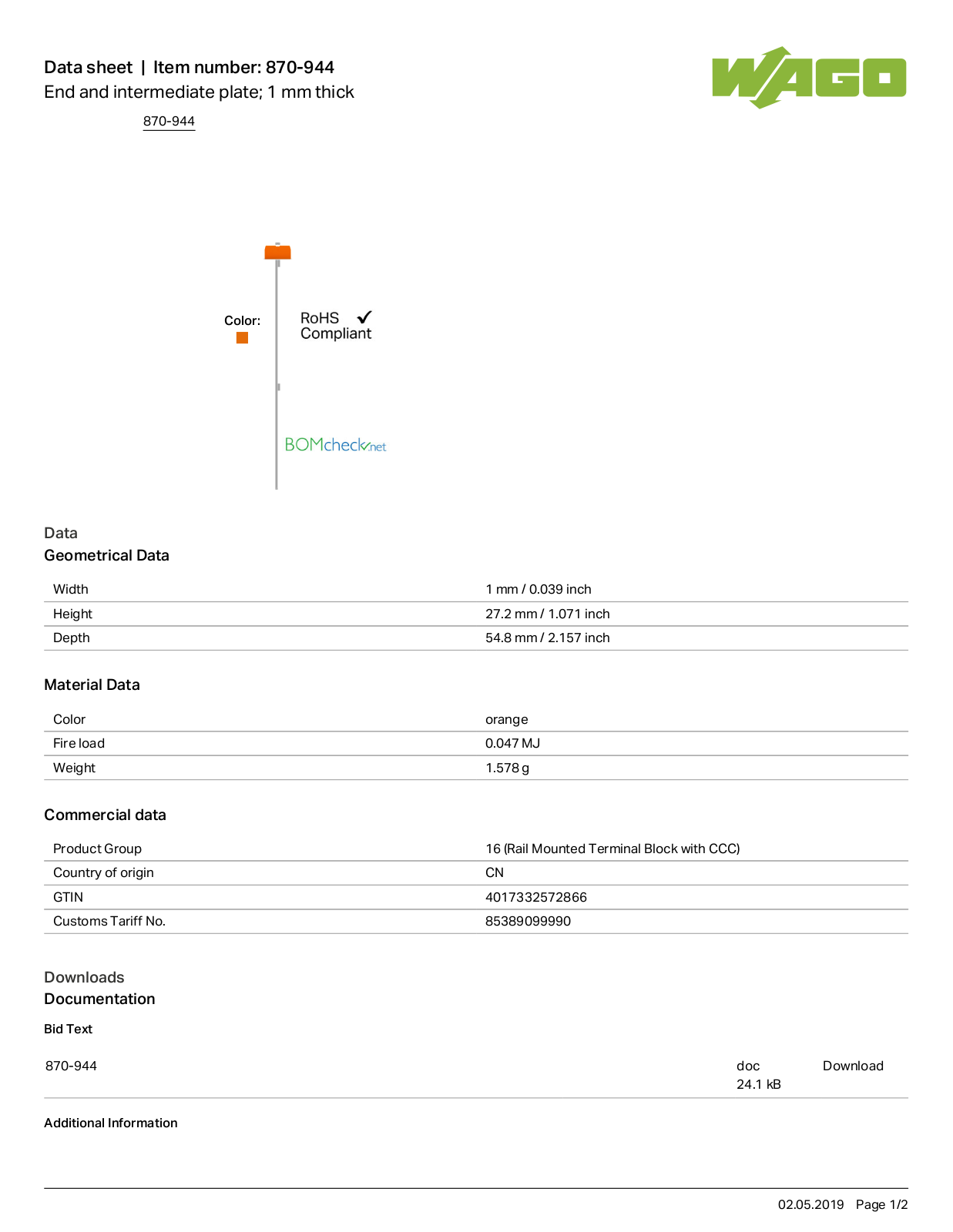 Wago 870-944 Data Sheet