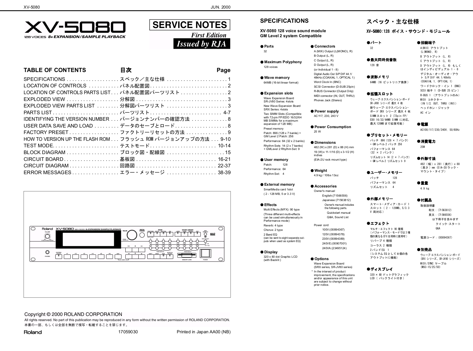 Roland XV-5080 Service Notes