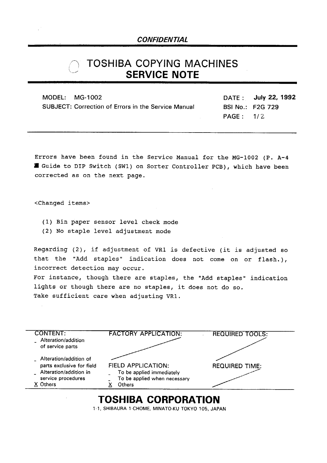 Toshiba f2g729 Service Note