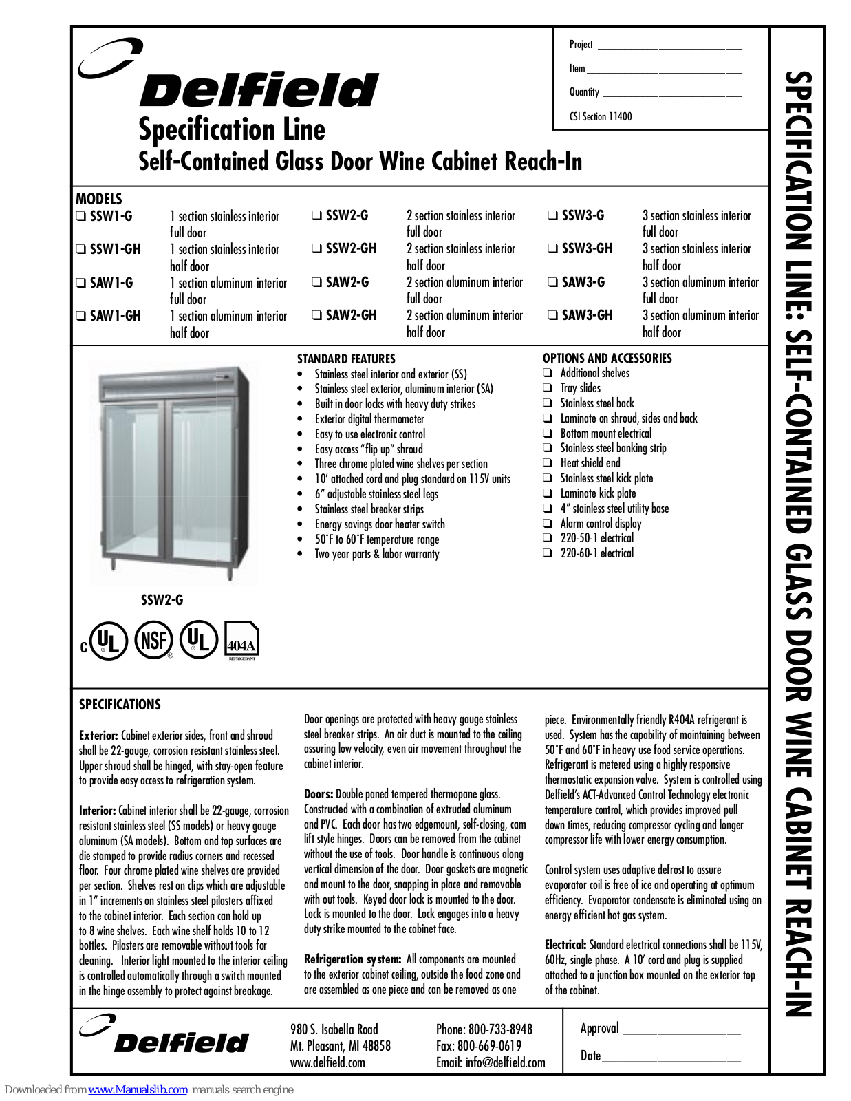 Delfield SAW1-G, SAW1-GH, SAW2-G, SAW2-GH, SAW3-G Specifications