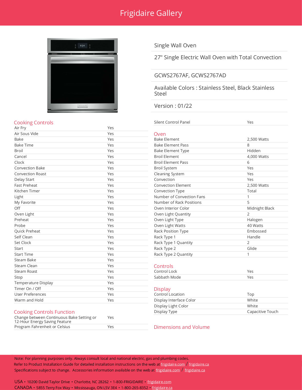 Frigidaire GCWS2767AD Specifications - ManualMachine.com