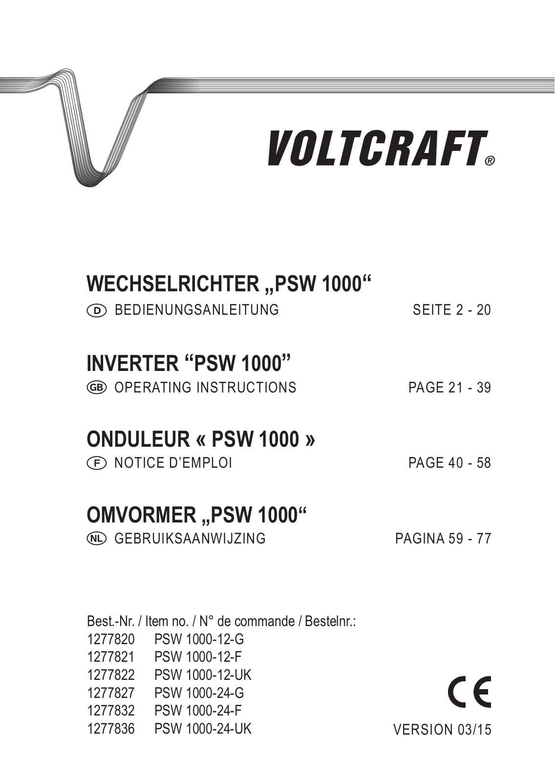 VOLTCRAFT PSW 1000-12-G, PSW 1000-24-G, PSW 1000-12-F, PSW 1000-12-GB, PSW 1000-24-UK User guide