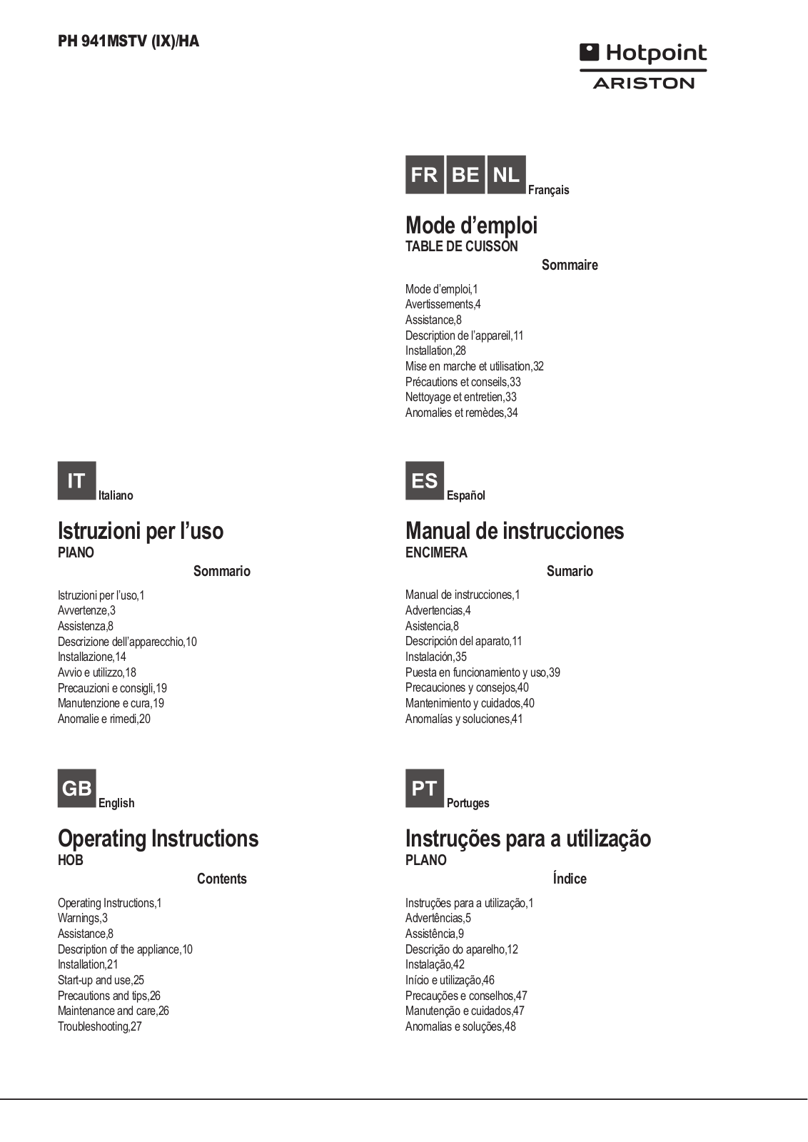 HOTPOINT/ARISTON PH 941MSTV (IX)/HA User Manual