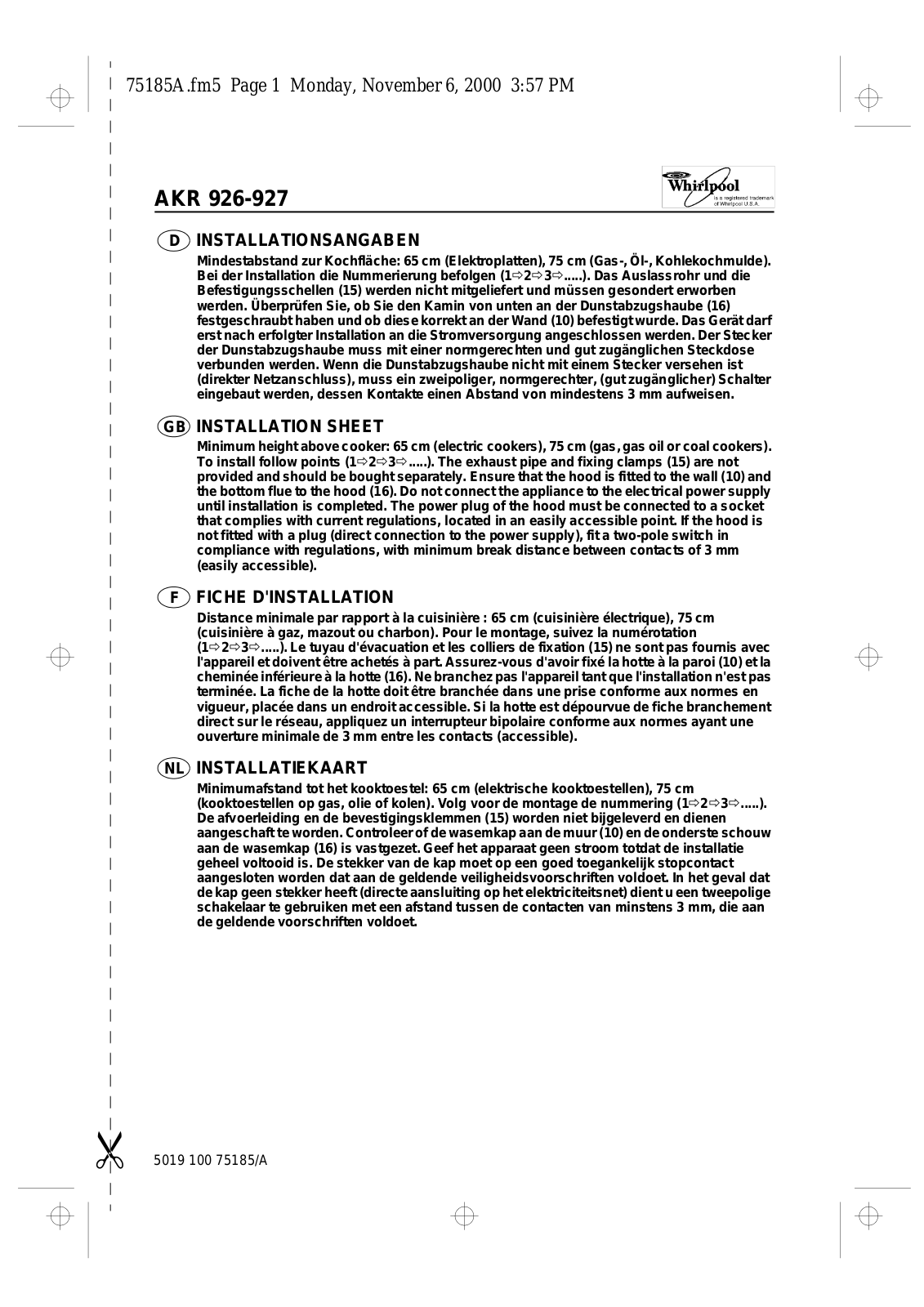 Whirlpool AKR 926, AKR927 INSTALLATION INSTRUCTIONS