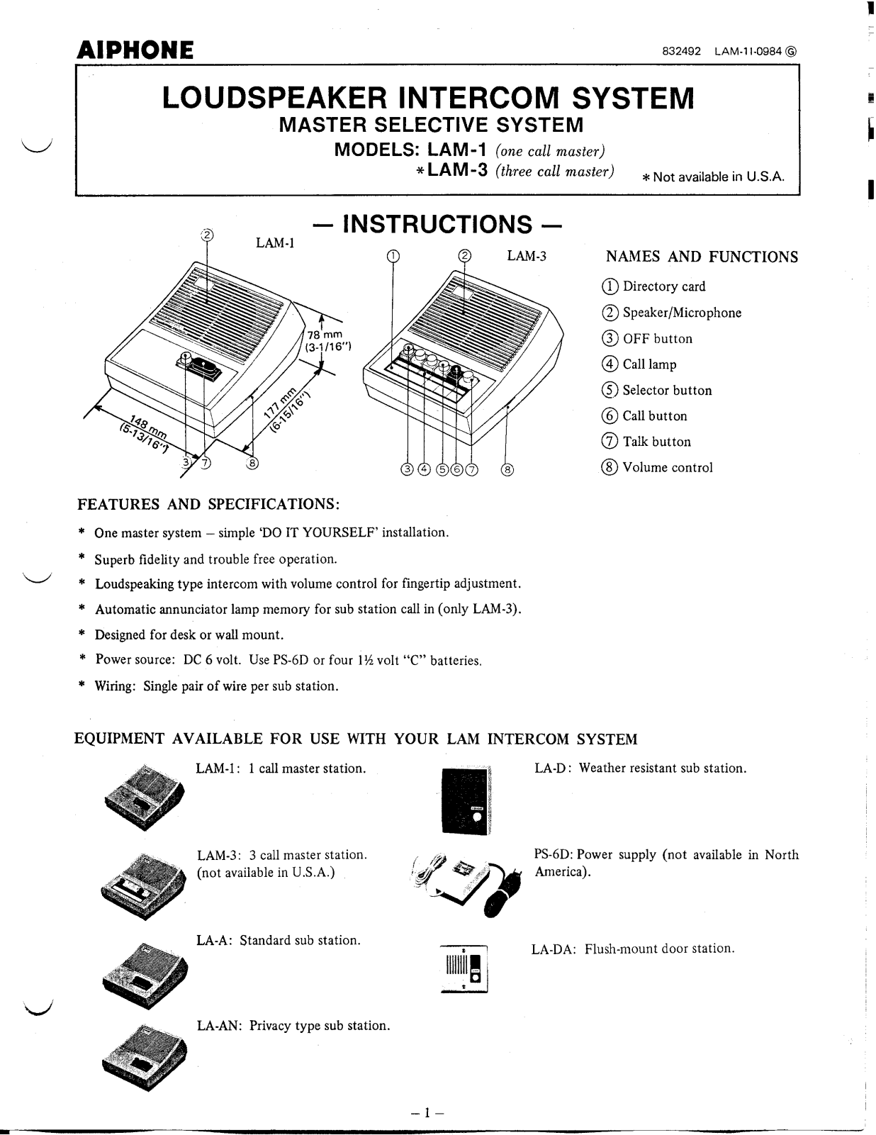 Aiphone LAM-1 User Manual