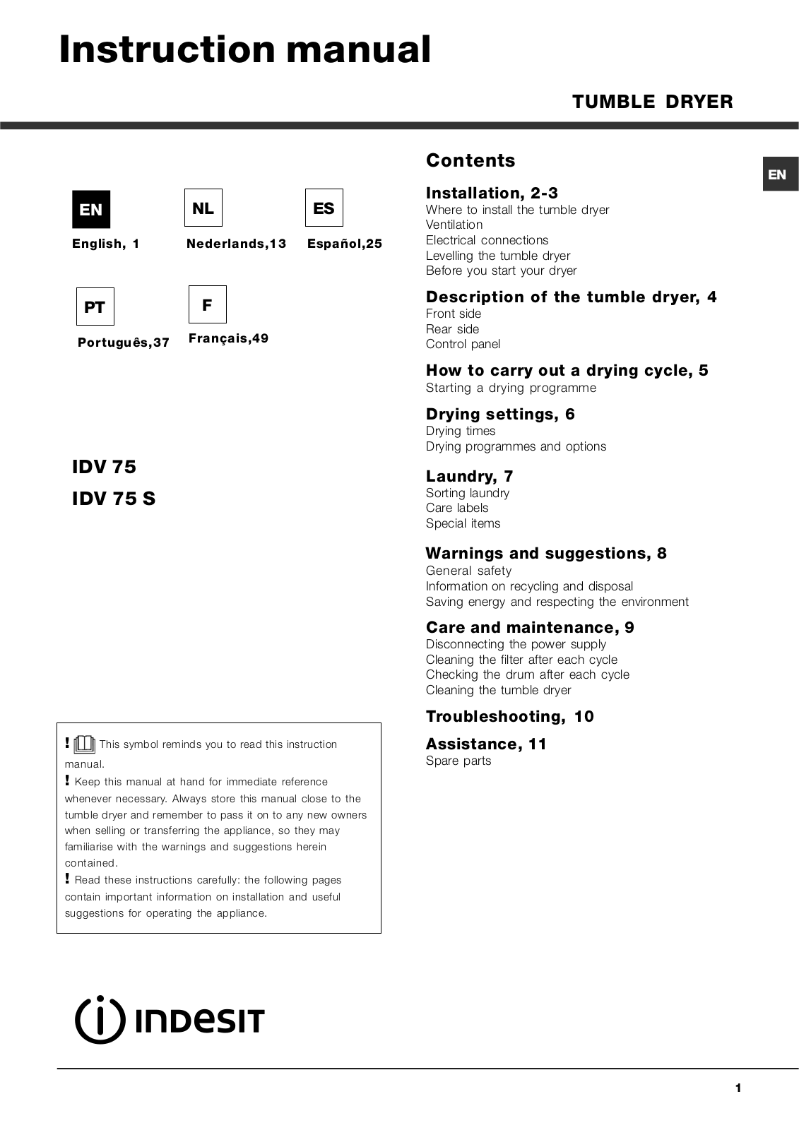 Indesit IDV 75 User Manual