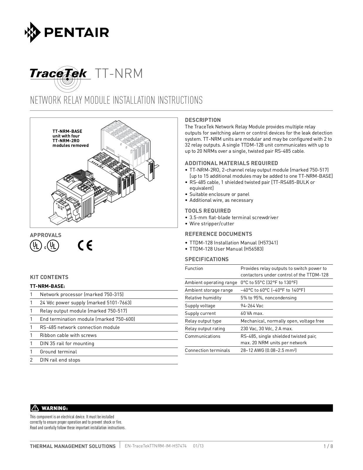 Pentair TraceTek TT-NRM Series, TraceTek TT-NRM-BASE, TraceTek TTDM-128, TraceTek TT-NRM-2RO Installation Instructions Manual