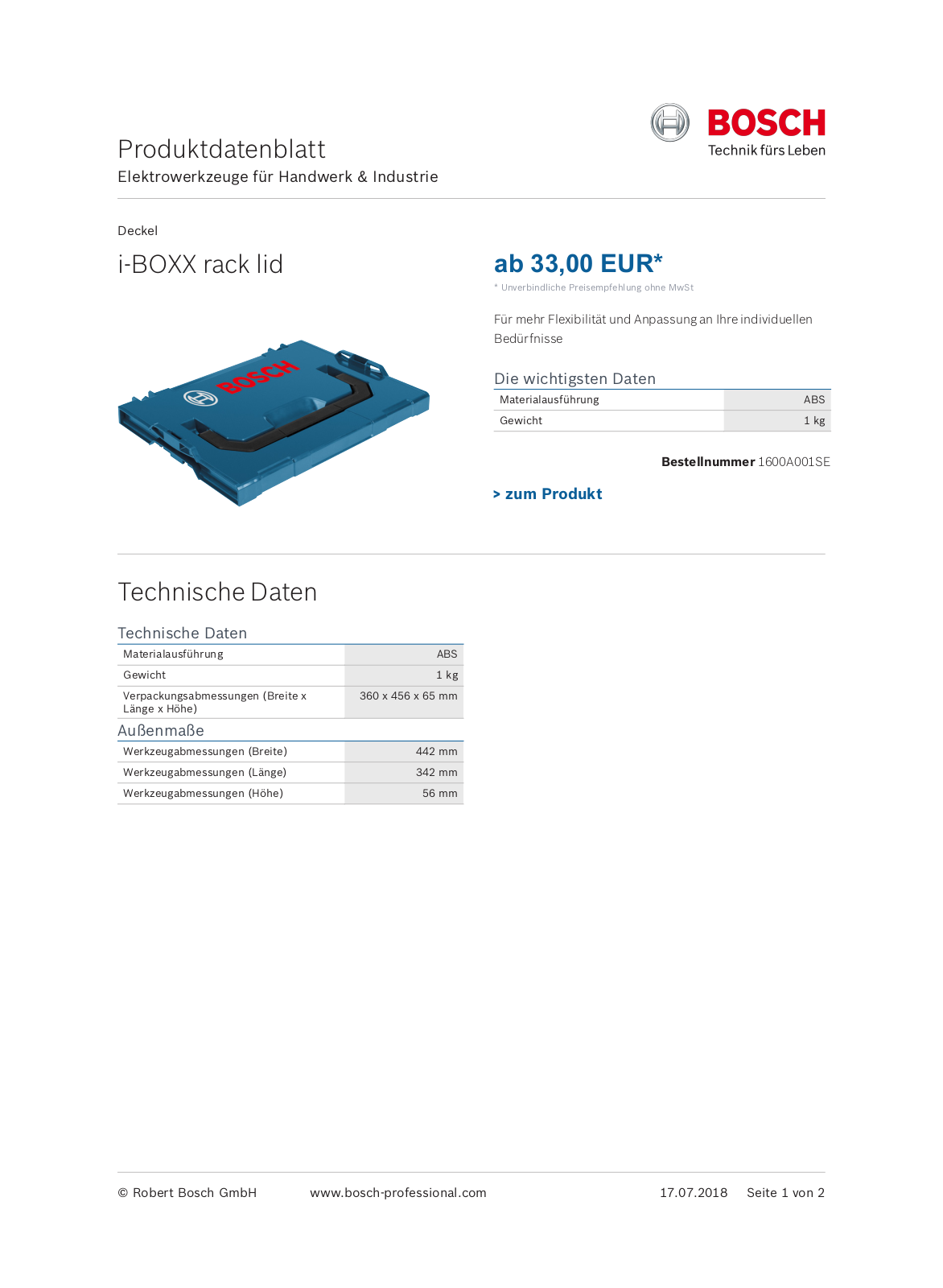 Bosch i-BOXX rack lid User Manual