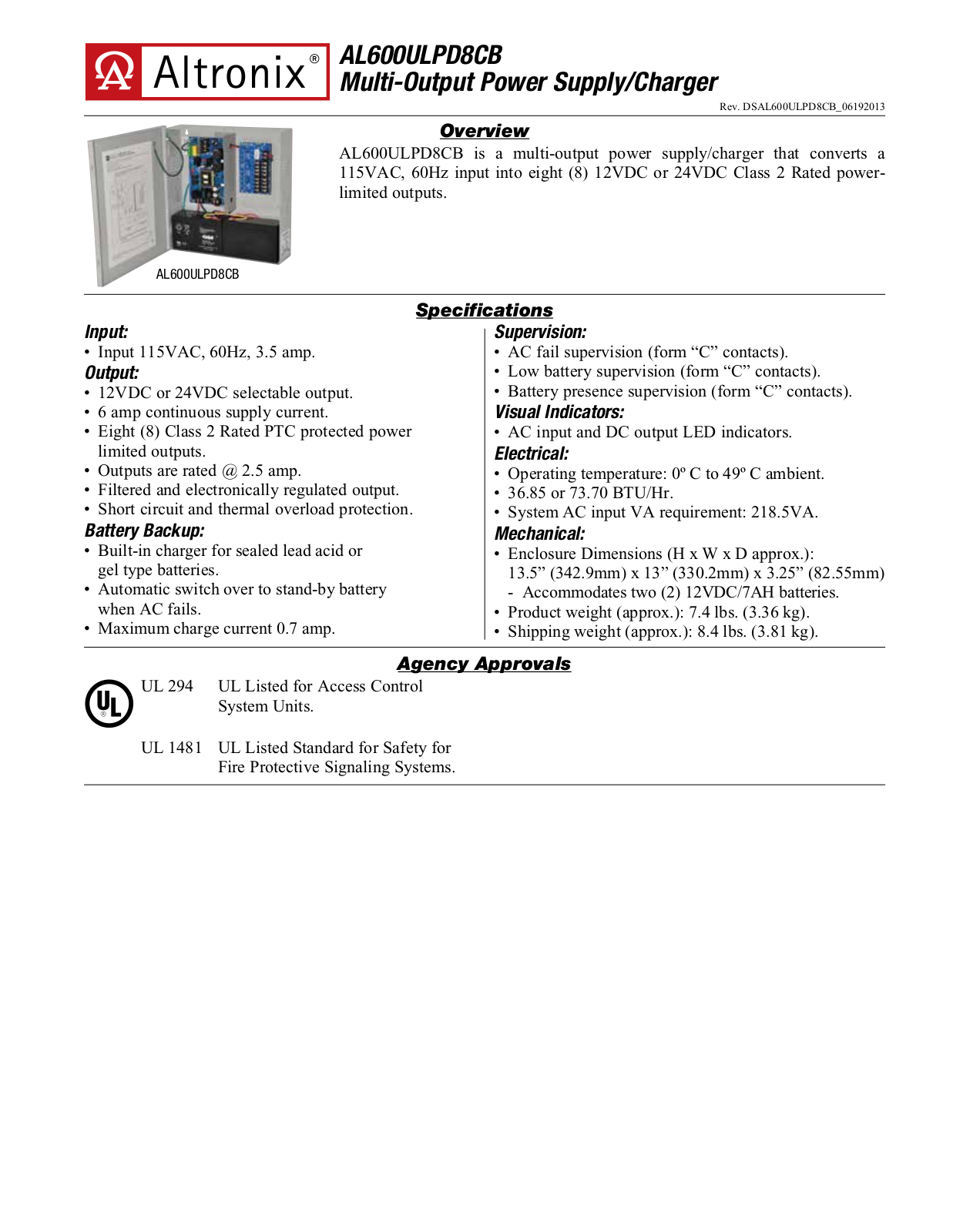 Altronix AL600ULPD8CB Specsheet