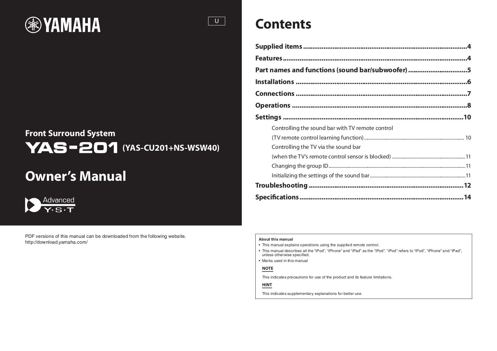 Yamaha YAS-201BL, YAS201 User Manual