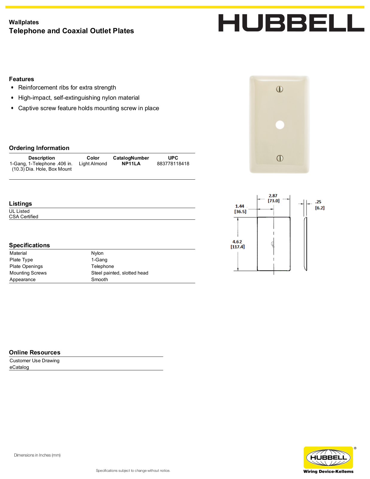 Hubbell NP11LA Specifications