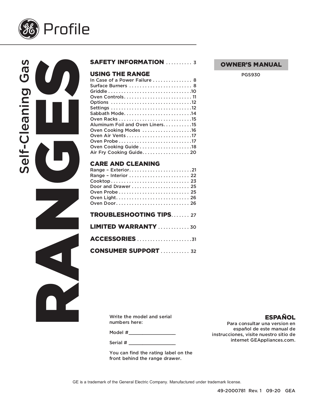 GE PGS930YPFS, PGS930BPTS Owner's Manual