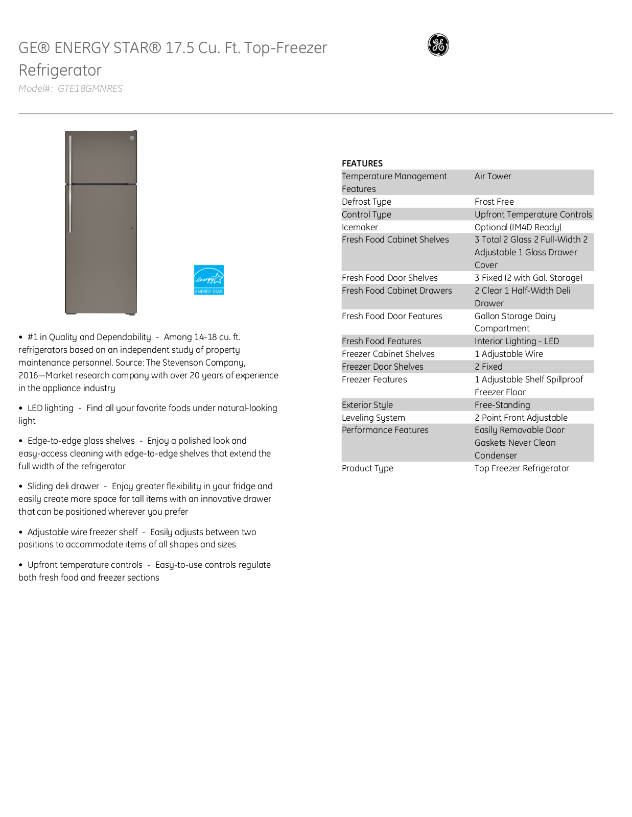 GE GTE18GMNRES PRODUCT SPECIFICATIONS